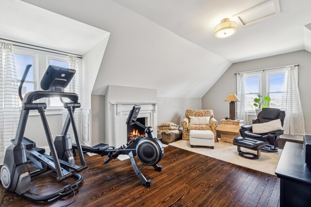 72 Miami Ave, Columbus, OH 43203 - exercise room featuring attic access, hardwood / wood-style flooring, and lofted ceiling