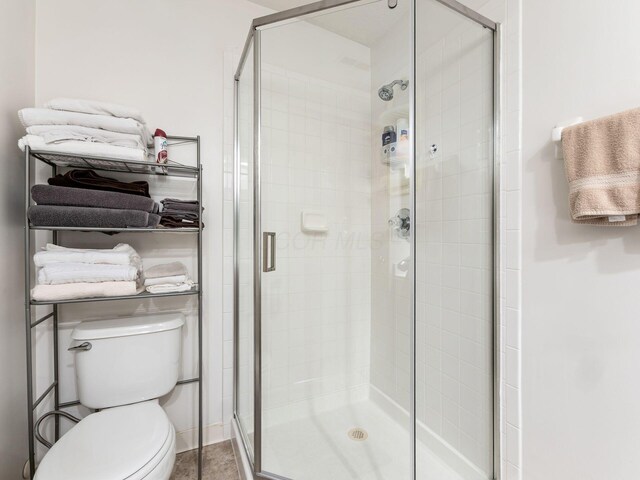 full bathroom featuring toilet and a shower stall