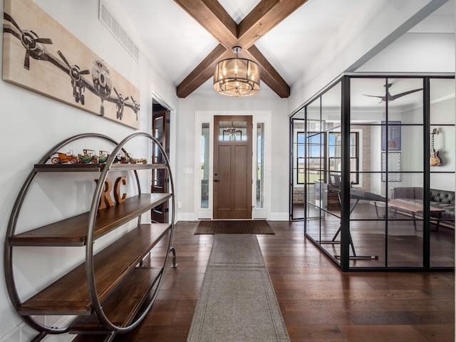 2699 Norton Rd, Galloway, OH 43119 - entrance foyer with lofted ceiling with beams, visible vents, a chandelier, baseboards, and hardwood / wood-style floors