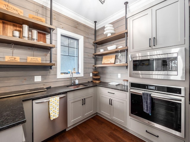 2699 Norton Rd, Galloway, OH 43119 - kitchen featuring a sink, stainless steel appliances, crown molding, and open shelves