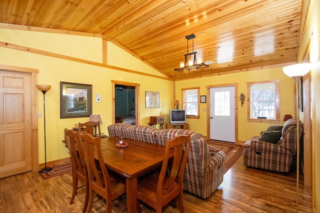 dining room with wooden ceiling, vaulted ceiling, and wood finished floors