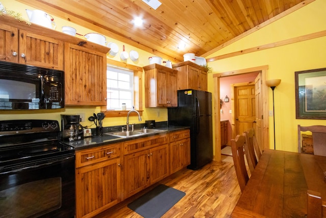 kitchen with dark countertops, a sink, black appliances, vaulted ceiling, and wood ceiling