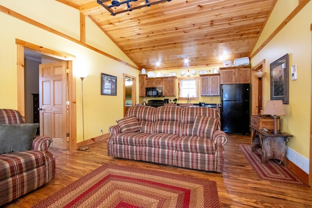 living area featuring wood ceiling, high vaulted ceiling, baseboards, and dark wood finished floors