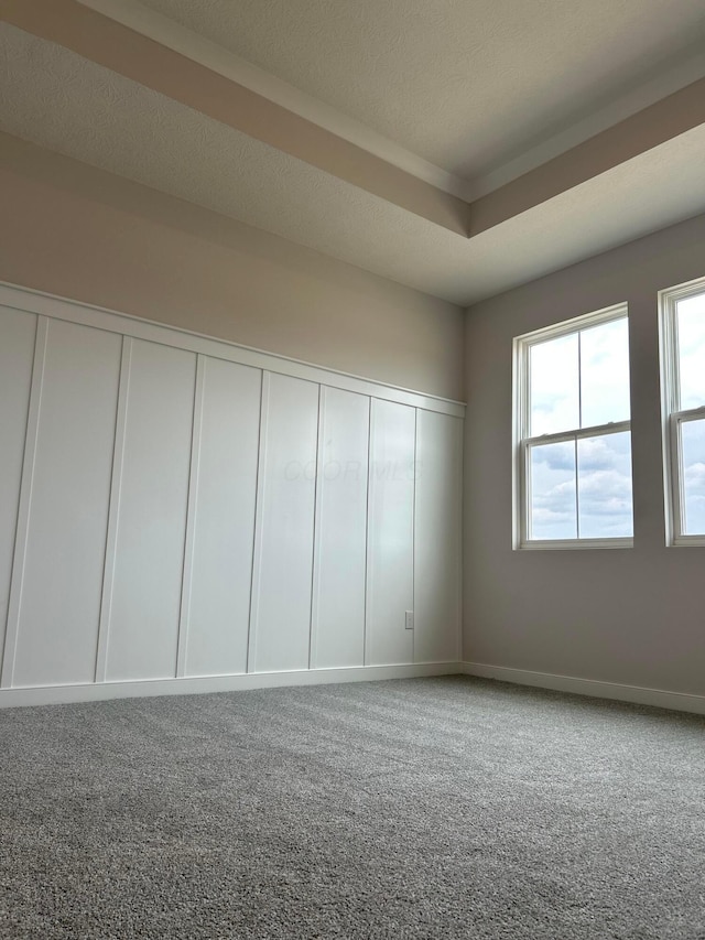 carpeted empty room featuring a tray ceiling and a textured ceiling