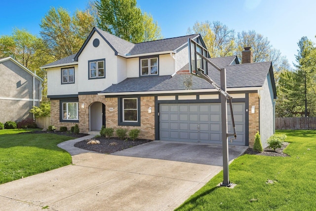 traditional-style house with brick siding, stucco siding, fence, and concrete driveway