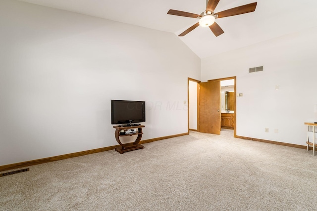interior space featuring ceiling fan, light colored carpet, high vaulted ceiling, baseboards, and visible vents