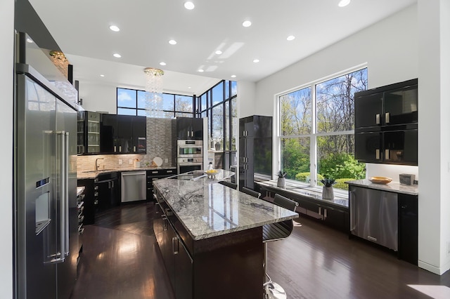 kitchen with dark cabinets, stainless steel appliances, dark wood-style floors, and recessed lighting