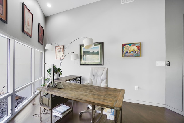 home office with visible vents, baseboards, wood finished floors, and recessed lighting