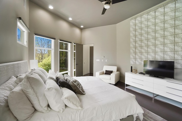 bedroom featuring recessed lighting, wood finished floors, and ceiling fan