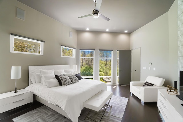 bedroom featuring recessed lighting, wood finished floors, and ceiling fan