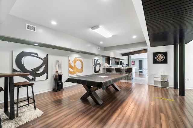 recreation room with baseboards, wood finished floors, visible vents, and pool table