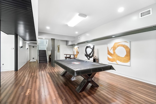 game room featuring baseboards, billiards, wood finished floors, and visible vents