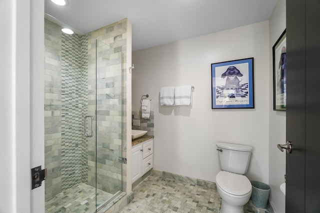 bathroom featuring recessed lighting, a shower stall, toilet, vanity, and baseboards