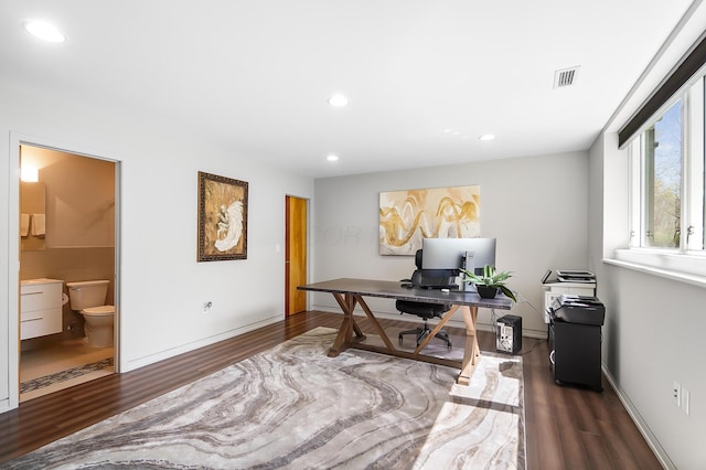 office area with baseboards, visible vents, recessed lighting, and dark wood-type flooring