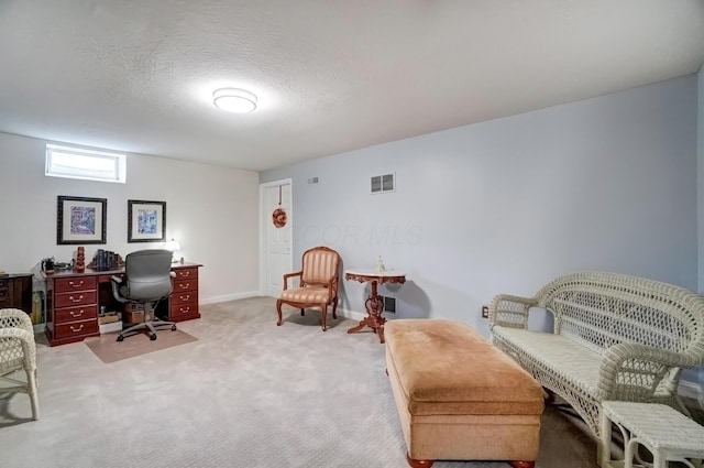 3995 Kensingwood Dr, Columbus, OH 43230 - home office with light carpet, a textured ceiling, baseboards, and visible vents