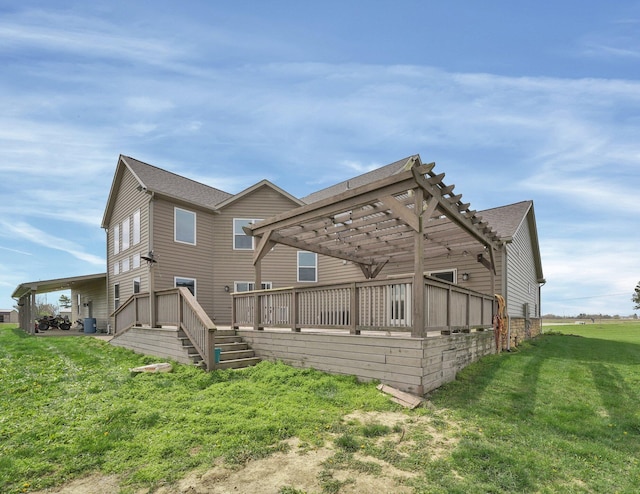 back of property featuring a pergola, a wooden deck, and a yard