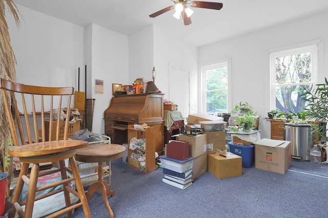 misc room featuring ceiling fan and carpet