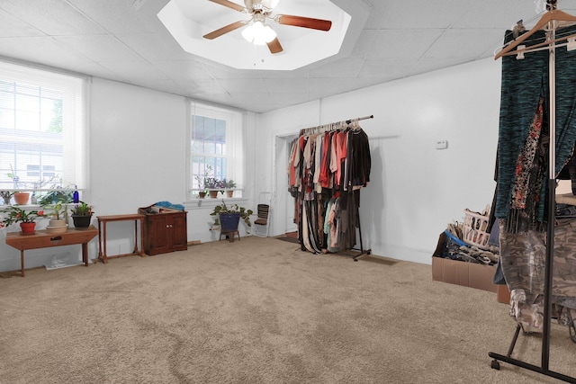 interior space featuring a ceiling fan, carpet flooring, and a paneled ceiling