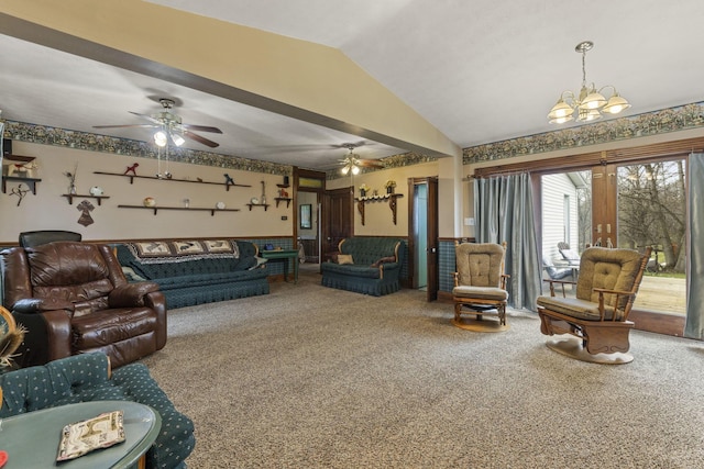 carpeted living area featuring ceiling fan with notable chandelier and lofted ceiling