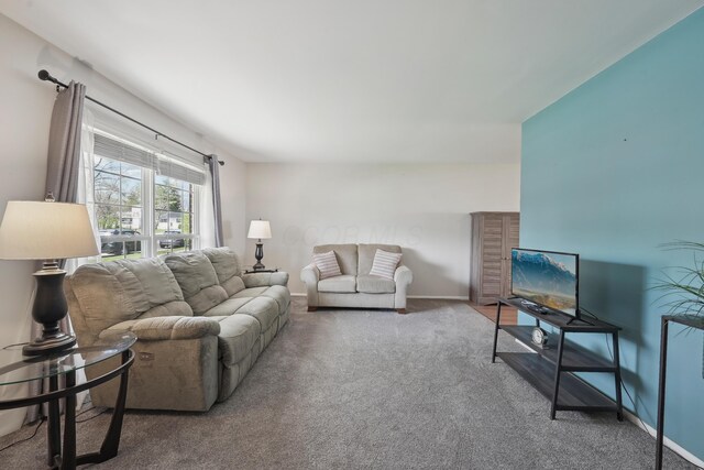carpeted living area featuring baseboards