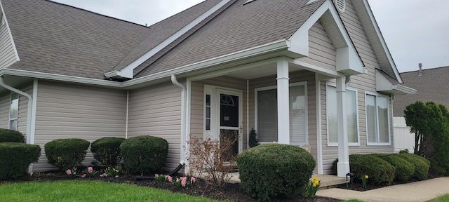 view of property exterior with a shingled roof