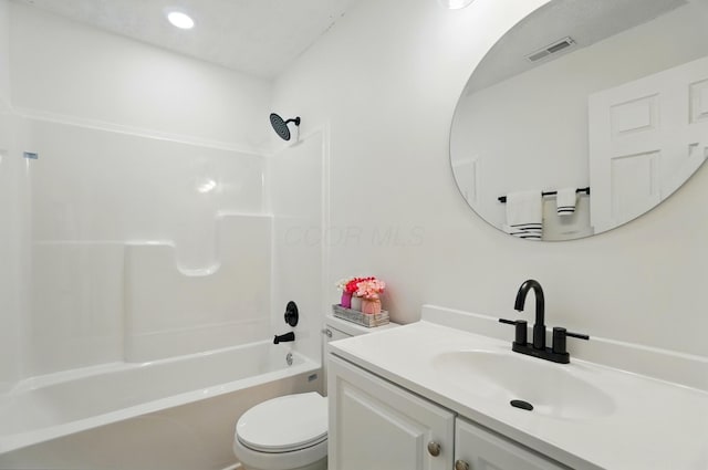 full bath with visible vents, vanity, toilet, recessed lighting, and shower / washtub combination