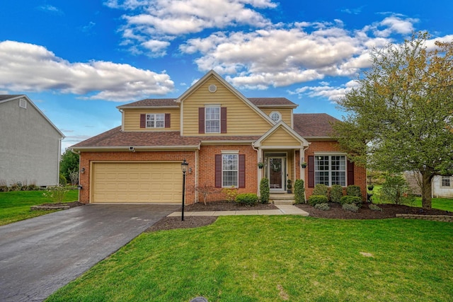 traditional home with a garage, roof with shingles, a front lawn, brick siding, and driveway