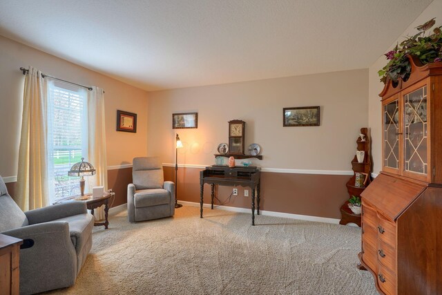 sitting room featuring carpet and baseboards