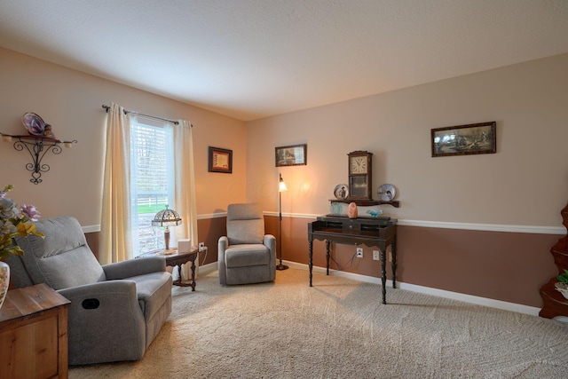 living area featuring baseboards and carpet flooring