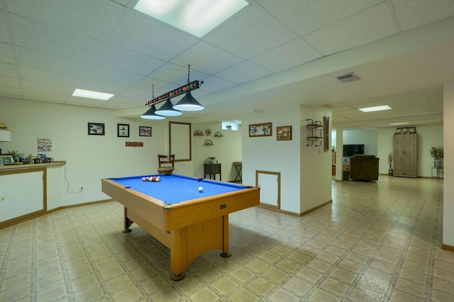 rec room with billiards, baseboards, a drop ceiling, and visible vents