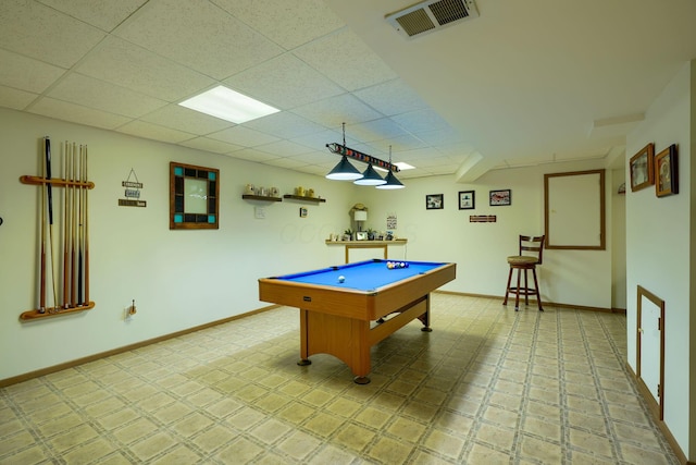 recreation room with pool table, visible vents, baseboards, and a paneled ceiling