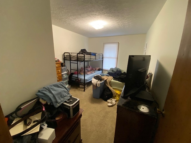 carpeted bedroom with a textured ceiling