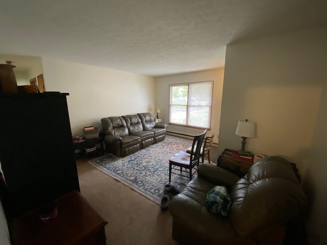 living room with a textured ceiling and carpet floors