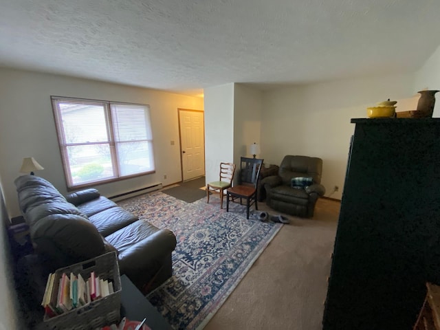 carpeted living room with a baseboard radiator and a textured ceiling