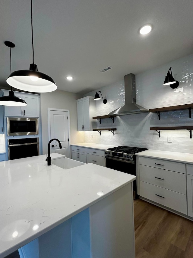 kitchen with a sink, open shelves, wall chimney exhaust hood, appliances with stainless steel finishes, and decorative backsplash