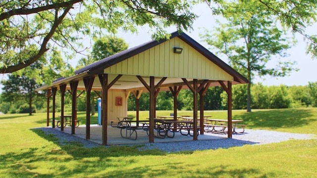 view of community featuring a gazebo and a lawn