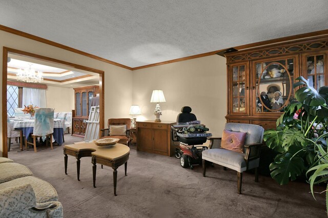 2520 Mccutcheon Rd, Columbus, OH 43219 - living area featuring light colored carpet, a chandelier, and ornamental molding