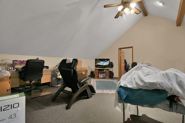 2520 Mccutcheon Rd, Columbus, OH 43219 - office featuring a textured ceiling, vaulted ceiling with beams, carpet, and ceiling fan