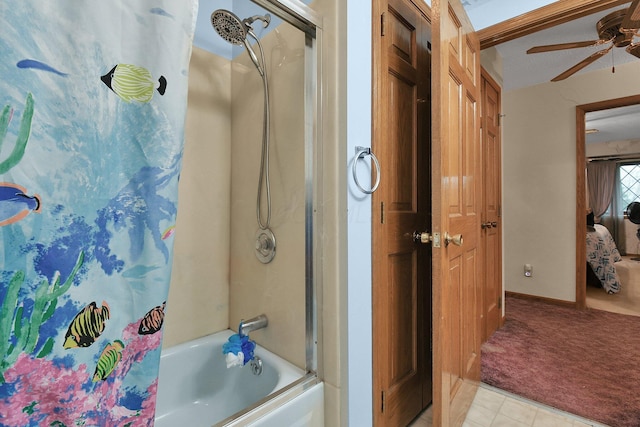 2520 Mccutcheon Rd, Columbus, OH 43219 - full bath with ceiling fan, tile patterned flooring, and shower / tub combo with curtain
