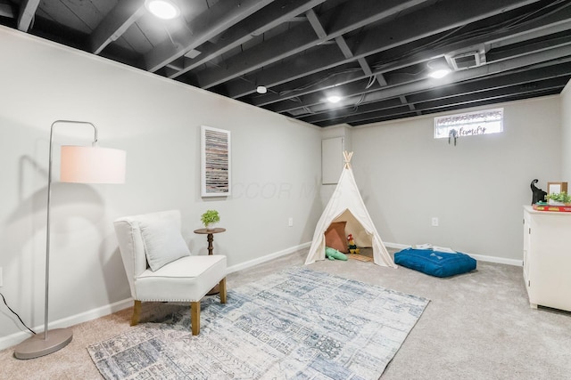 sitting room with baseboards and carpet floors