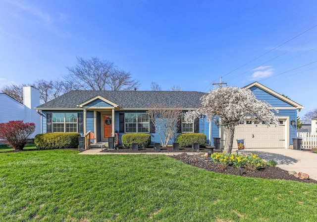ranch-style house featuring an attached garage, driveway, and a front yard