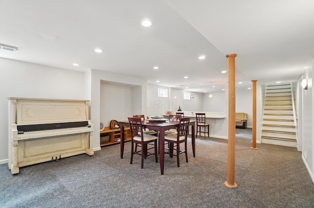 105 Chapin Pl, Granville, OH 43023 - carpeted dining room with stairway, baseboards, visible vents, and recessed lighting