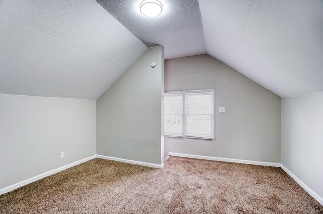 153 N High St, Mount Victory, OH 43340 - additional living space with baseboards, carpet floors, a textured ceiling, and vaulted ceiling