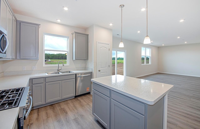 5537 Violet St Lot 367, South Bloomfield, OH 43103 - kitchen featuring gray cabinets, stainless steel appliances, light wood-type flooring, light countertops, and a kitchen island