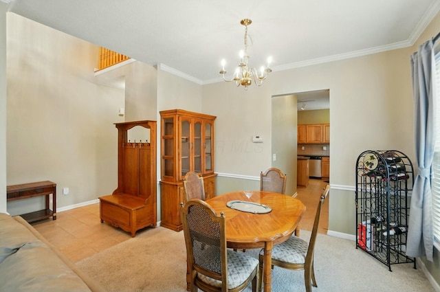 dining space featuring baseboards, ornamental molding, an inviting chandelier, and light tile patterned floors
