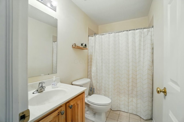 full bath with a shower with curtain, toilet, tile patterned flooring, and vanity