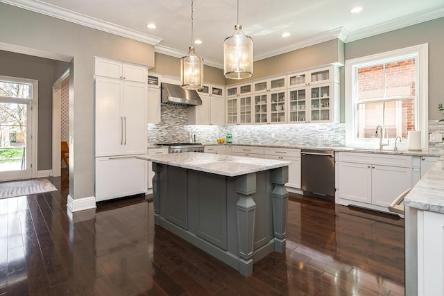 251 E Deshler Ave, Columbus, OH 43206 - kitchen featuring light stone counters, paneled refrigerator, extractor fan, dishwasher, and crown molding