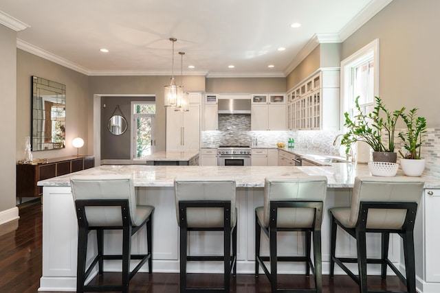 251 E Deshler Ave, Columbus, OH 43206 - kitchen featuring high end stainless steel range, a sink, backsplash, a peninsula, and dark wood-type flooring