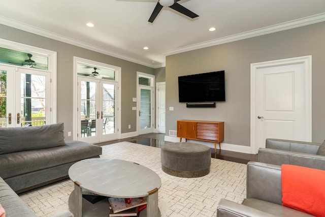 251 E Deshler Ave, Columbus, OH 43206 - living room with ornamental molding, a ceiling fan, french doors, and recessed lighting