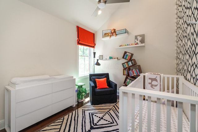 251 E Deshler Ave, Columbus, OH 43206 - bedroom featuring vaulted ceiling, wood finished floors, a nursery area, and a ceiling fan